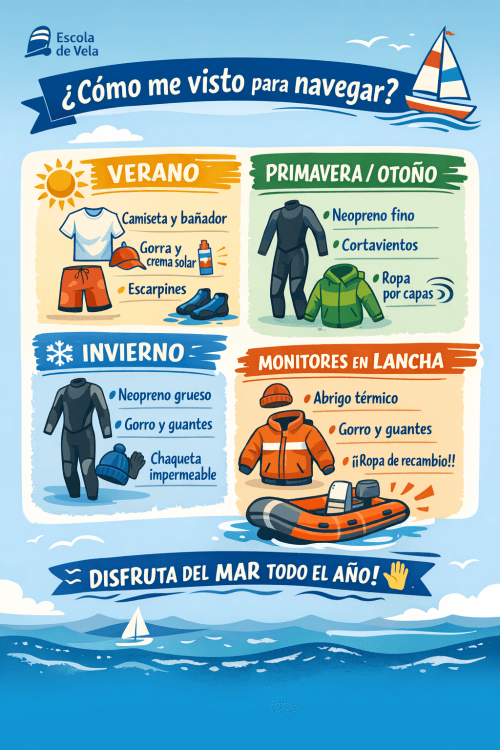 Guía visual de la Escuela de Vela: qué ropa llevar a navegar en verano, primavera/otoño, invierno y para los monitores en lancha.